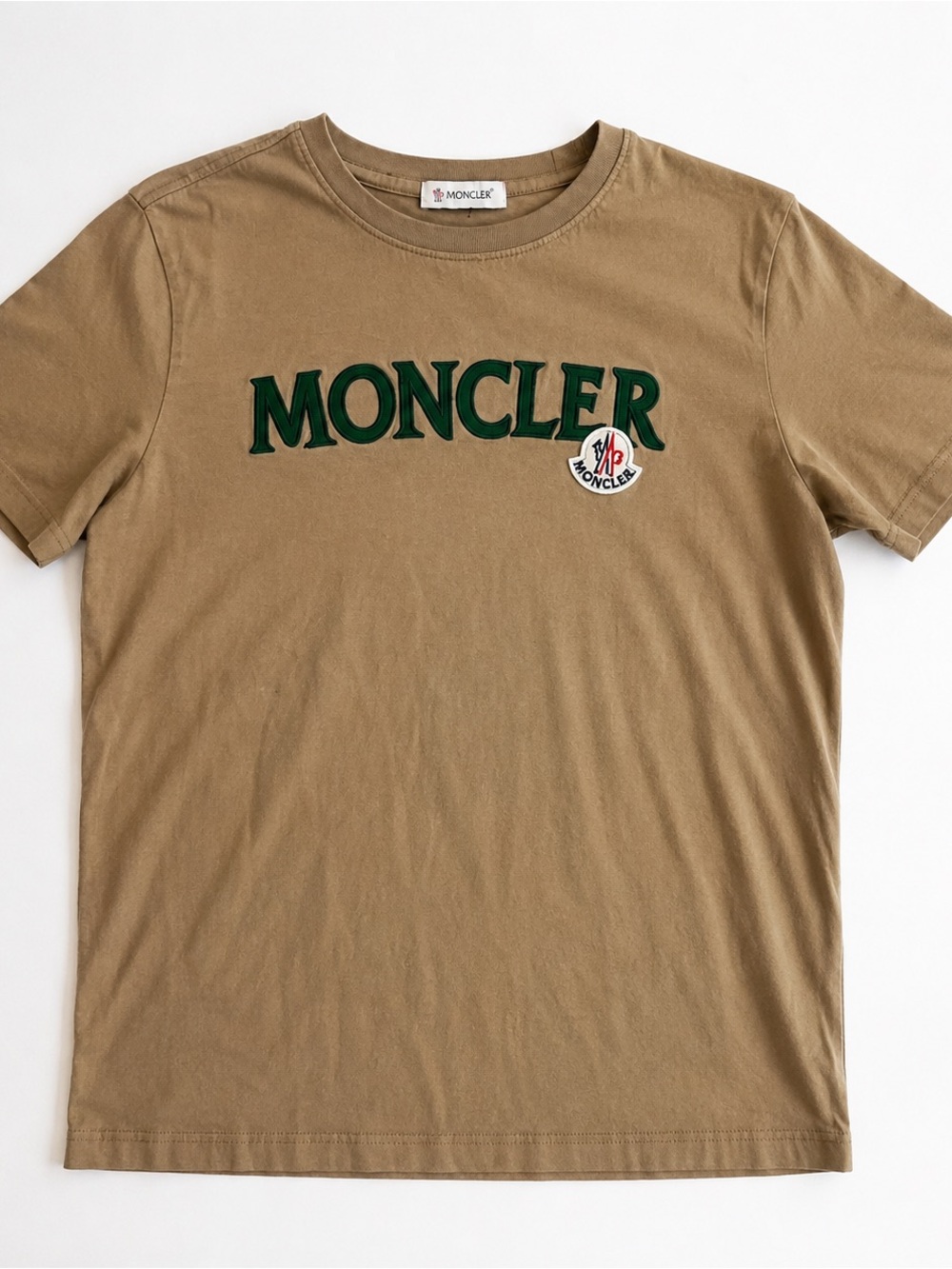 Moncler Beige Tan T-Shirt with Green Embroidery